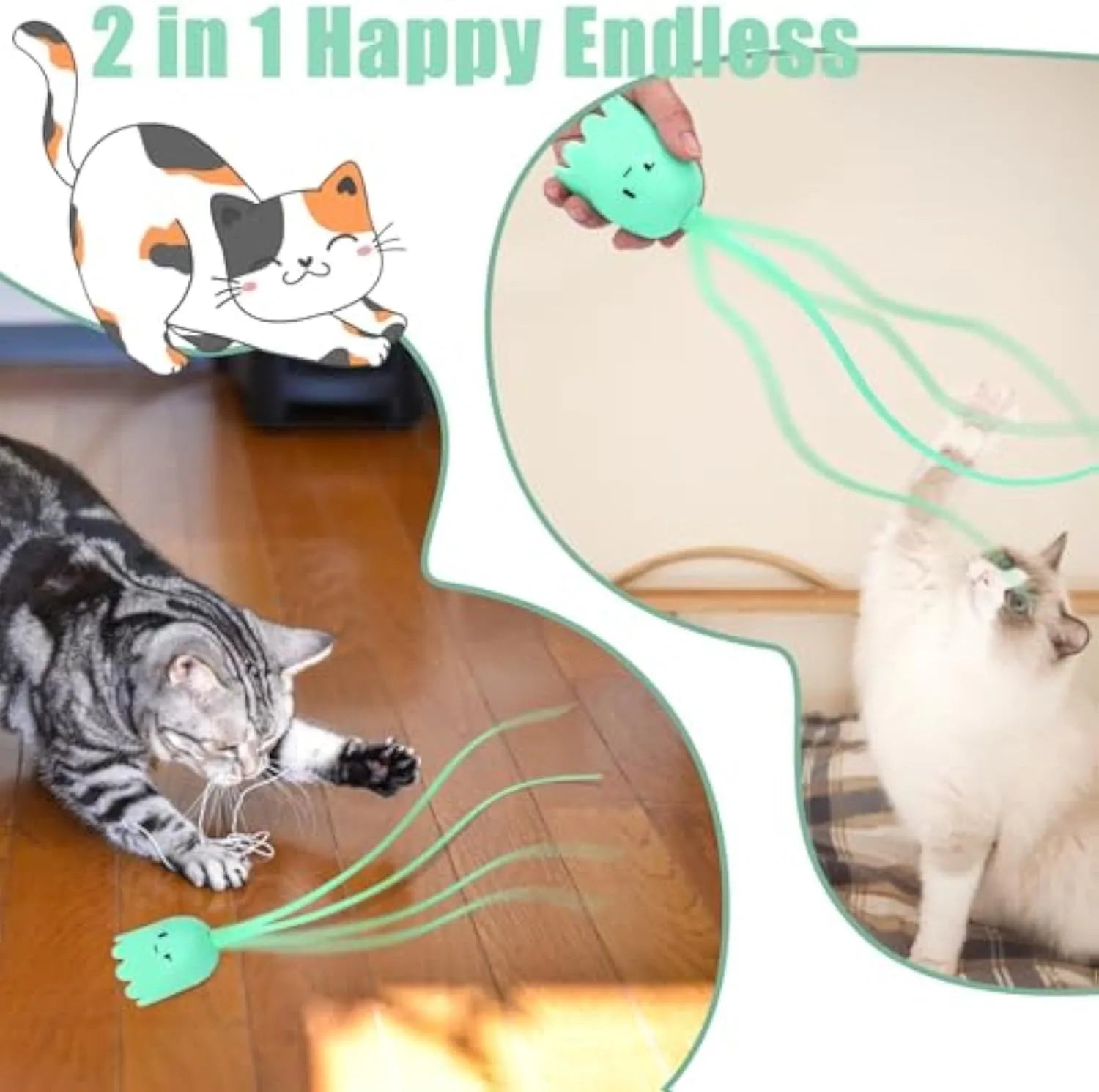 Automatic electronic cat wand toy with swinging silicone tail on a green background