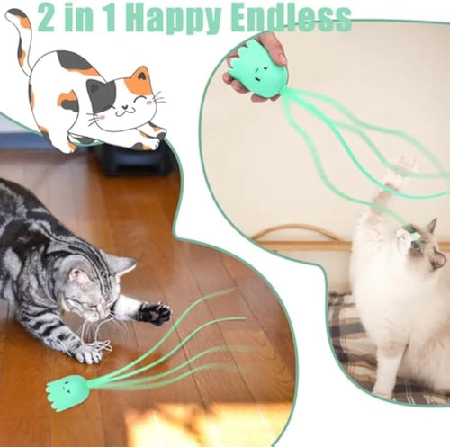 Automatic electronic cat wand toy with swinging silicone tail on a green background