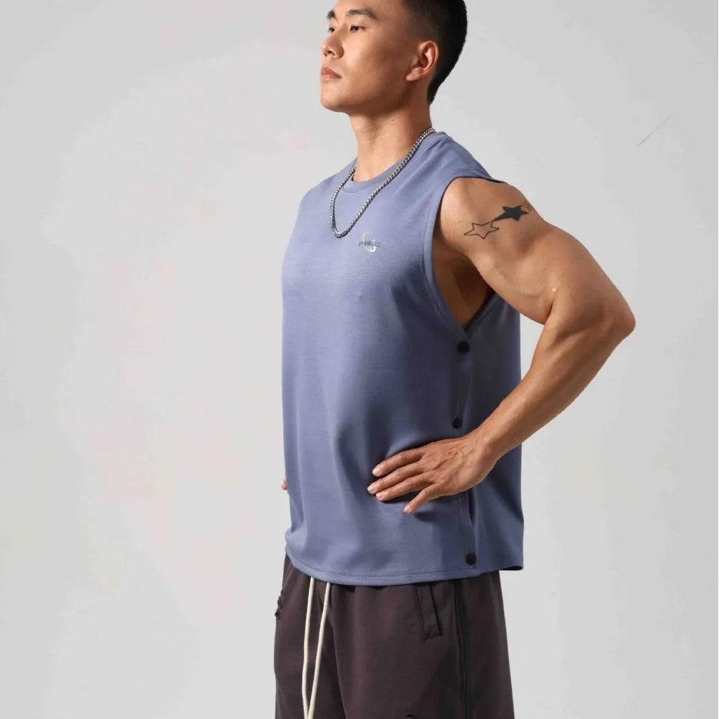 Men's black Korean style loose cotton fitness vest showing side hidden hook closure.