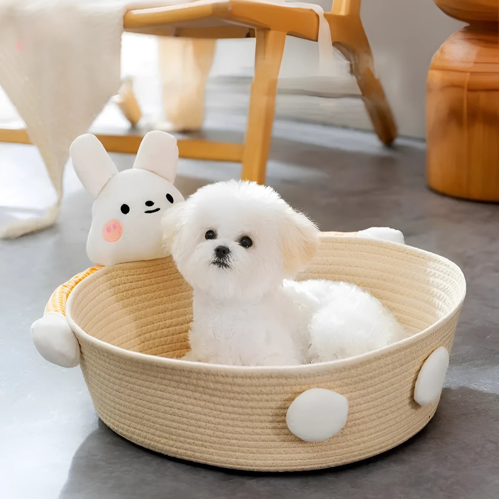 Woven cotton rope cat bed basket with integrated scratching surface in bear print design