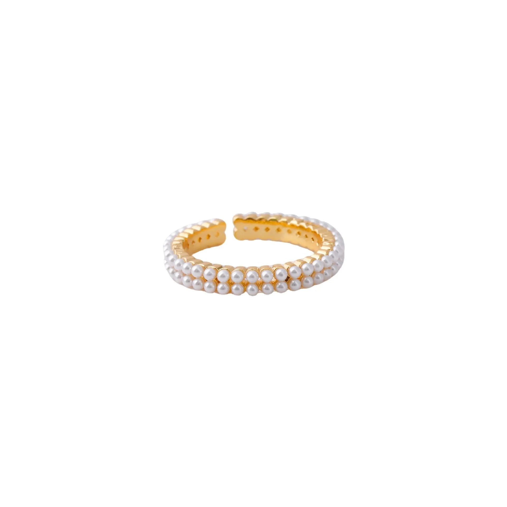 Gold electroplated open-mouth pearl women's ring with geometric design and round decorative elements