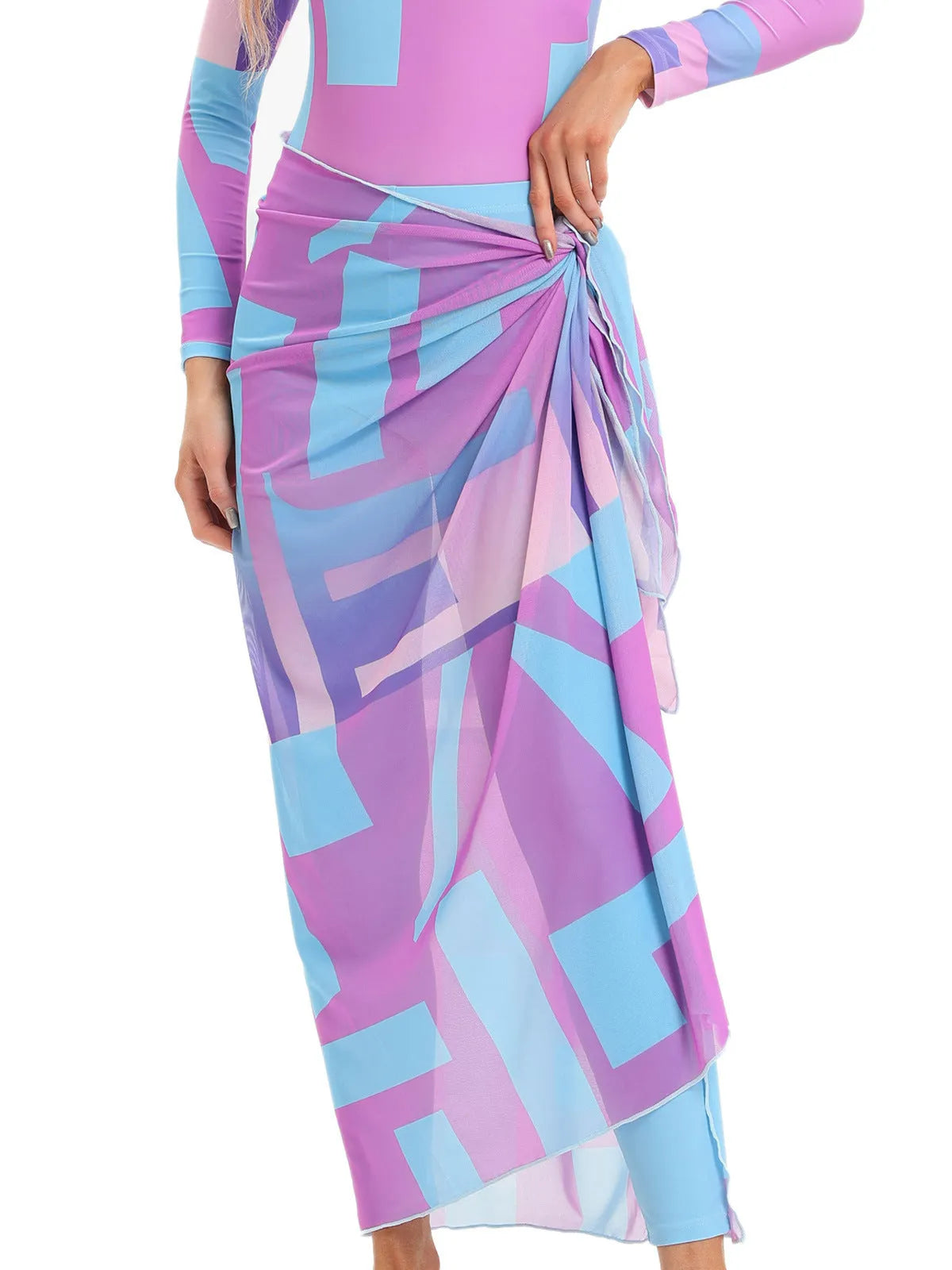Conservative Muslim women's three-piece swimsuit set in blue, with a matching apron, on a mannequin.