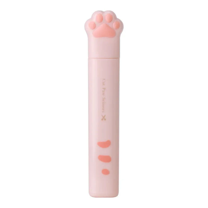 Cat paw mini folding scissors showing stainless steel blades and four colour options: pink, white, black, and blue