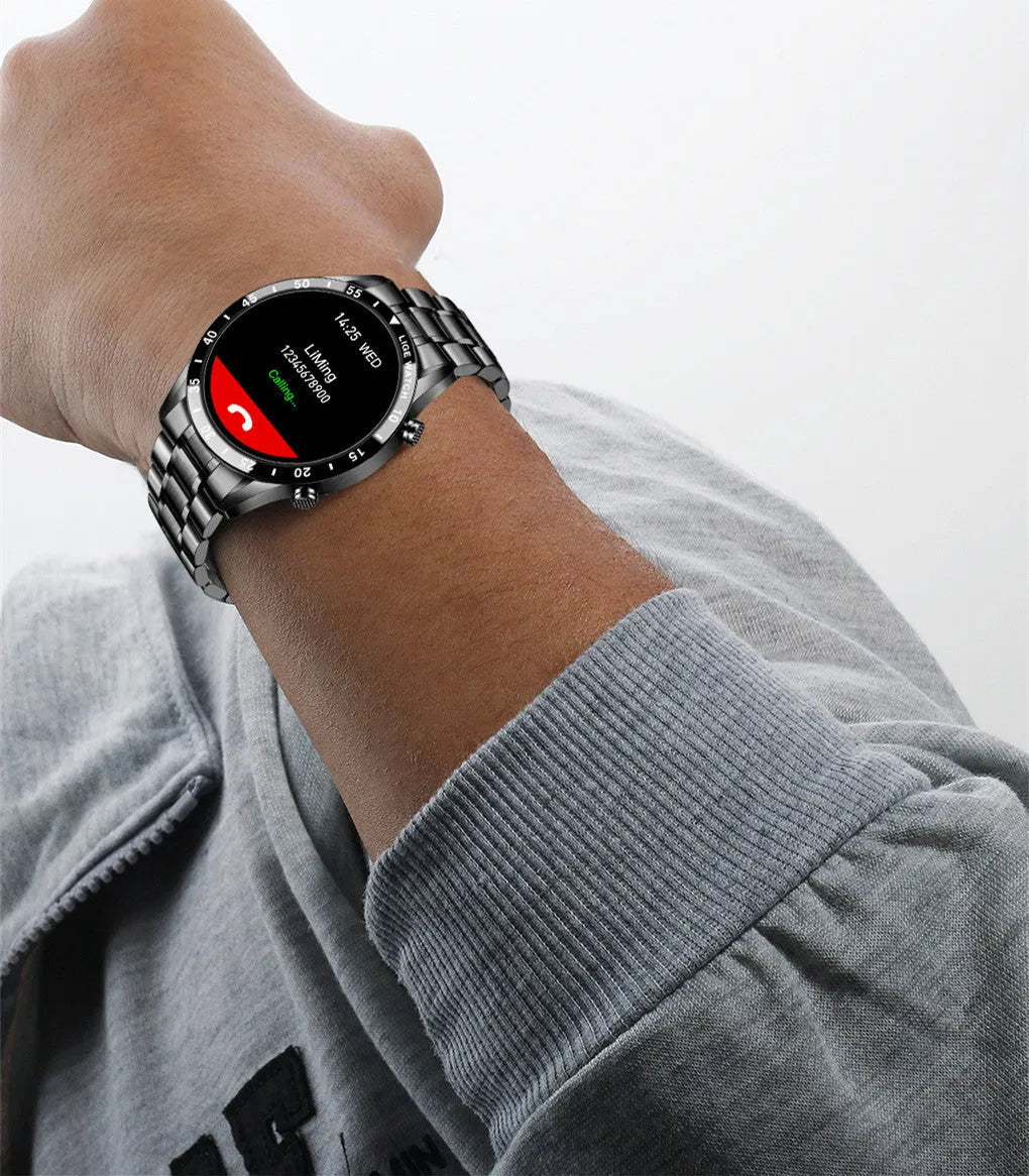 Smart watch with stainless steel wristband and 1.3 inch touchscreen display showing step counter