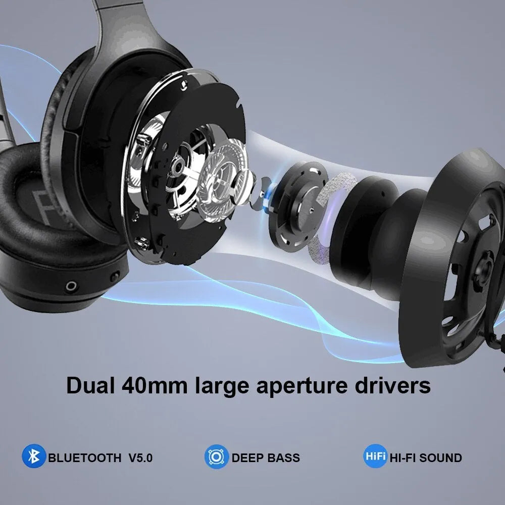 Black Gorsun E98 wireless Bluetooth over-ear headphones with adjustable headband and memory-protein ear cushions