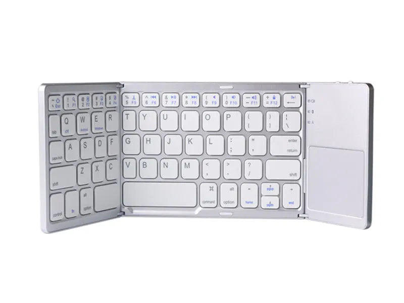Black tri-fold folding Bluetooth keyboard with touchpad, shown both folded and unfolded.