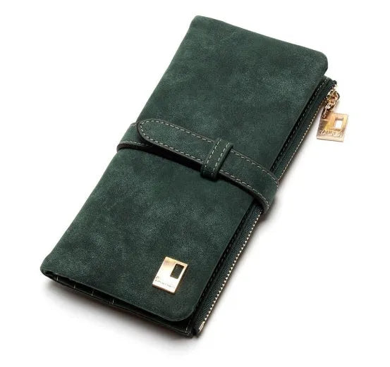 Korean retro matte Pu leather long wallet open showing card slots, note compartment and zip pocket
