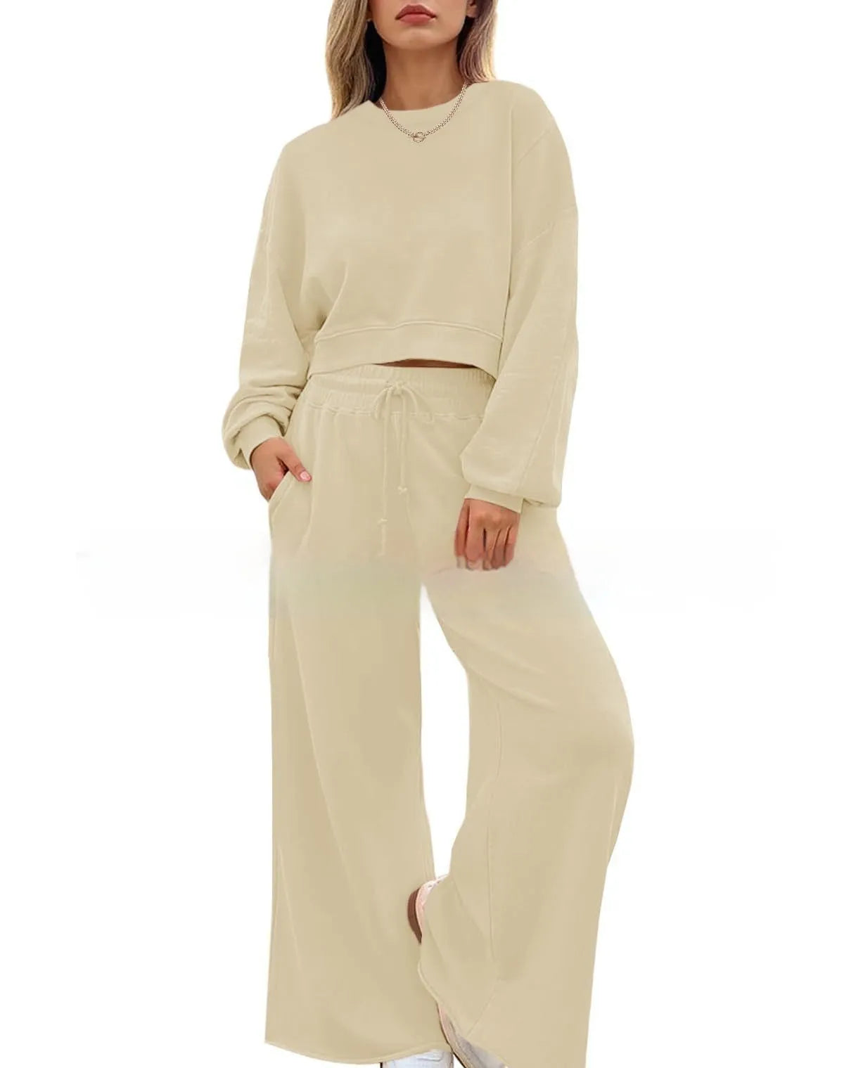 Women's solid colour polyester two-piece trousers set with street hipster styling