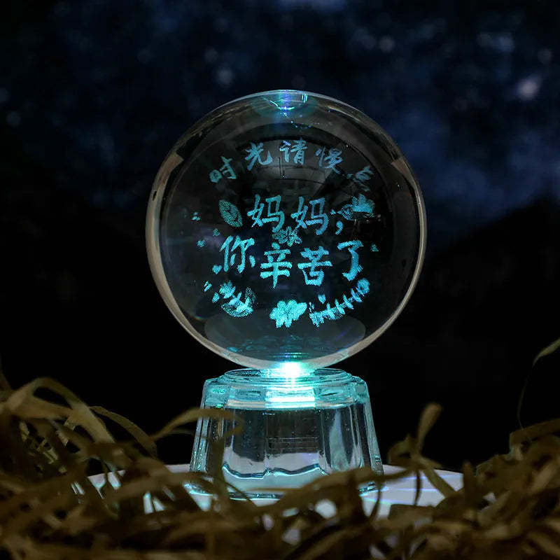 White crystal ball ornament with inner carving on fixed base for tabletop display