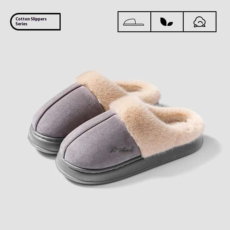 Fluffy winter slippers in gray with non-slip PVC sole, suitable for indoor home wear by men and women
