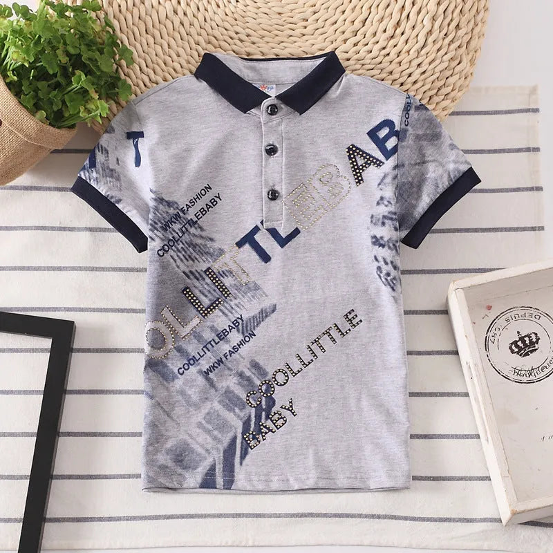 Child wearing a solid colour cotton short sleeve t-shirt with a lapel collar.