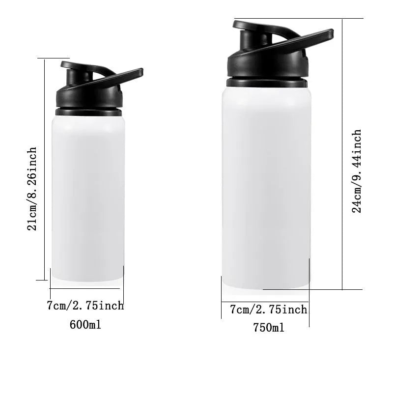 White aluminium cycling water bottle shown in 600ml and 750ml capacity options