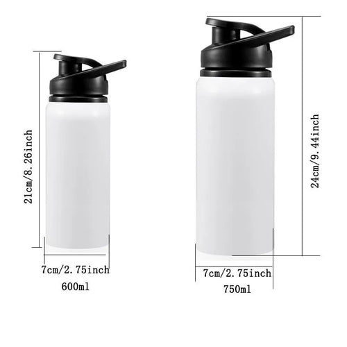 White aluminium cycling water bottle shown in 600ml and 750ml capacity options