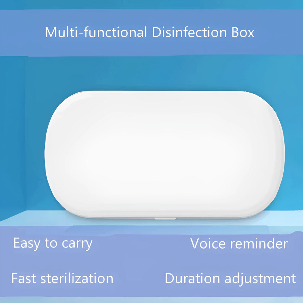 White ABS plastic wireless UV sterilizer box with disinfection chamber and wireless charging pad.