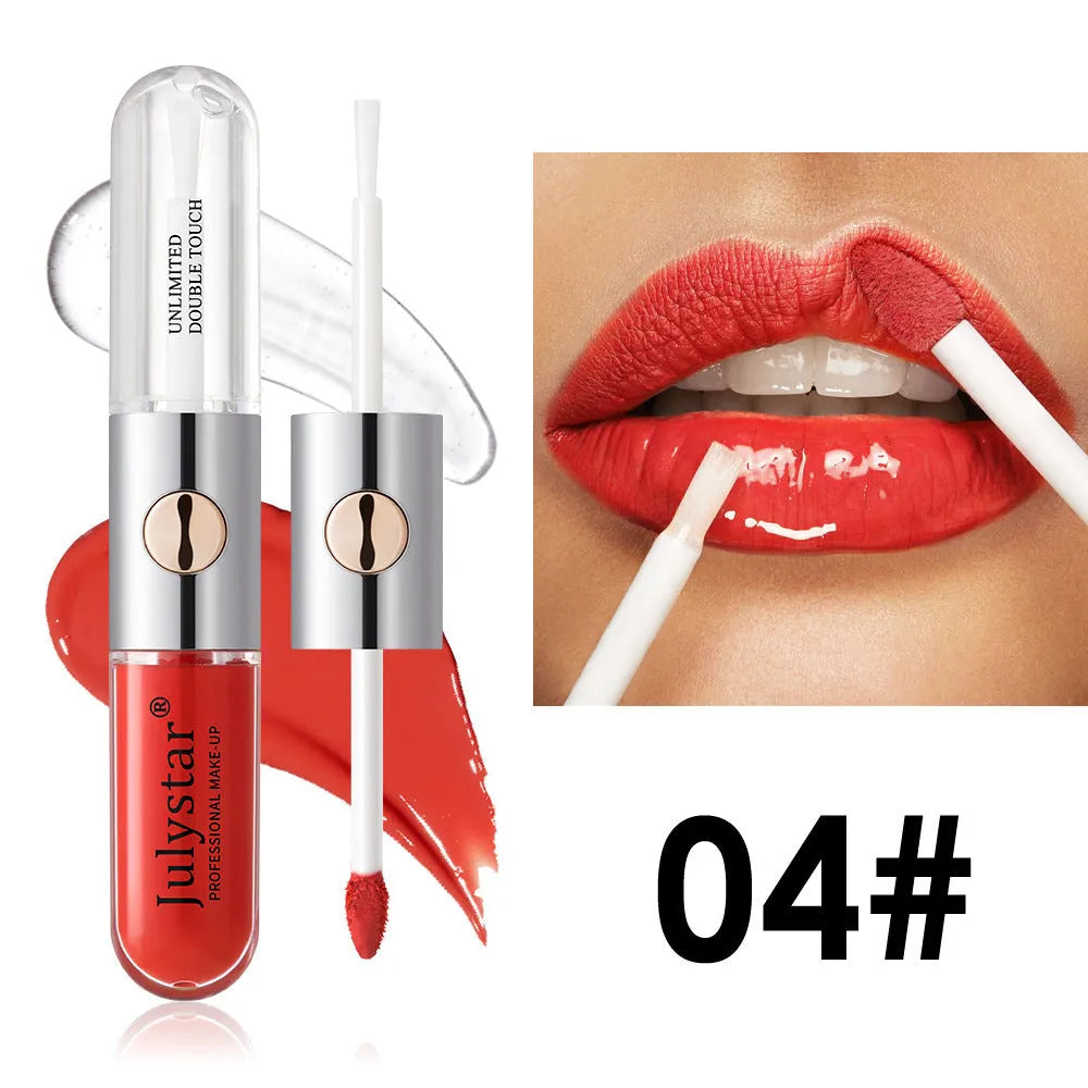 Women's lasting lip gloss tube showing available colours with 6ml moisturising formula