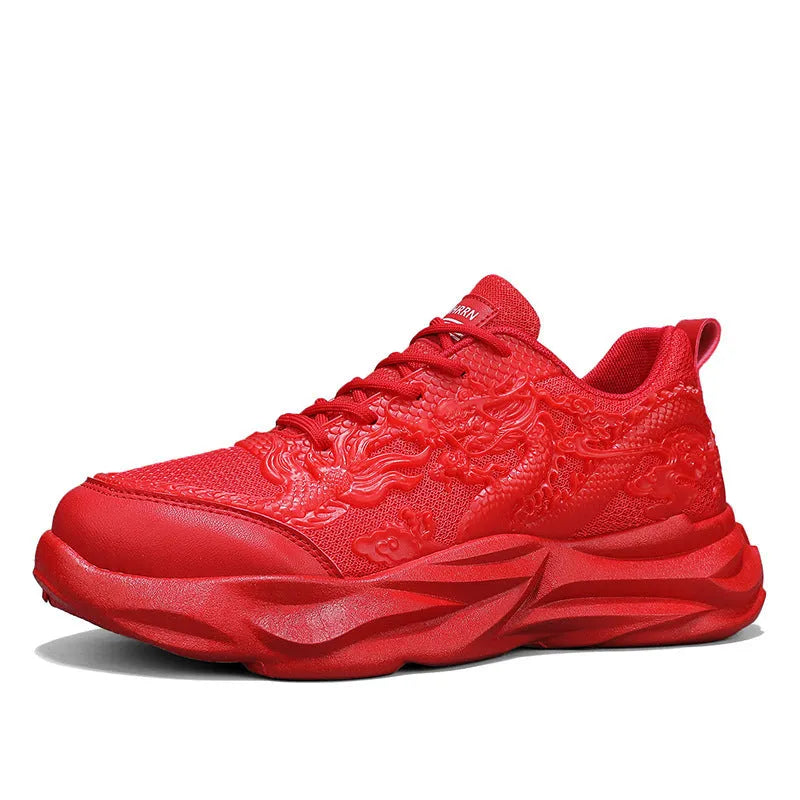 Men's casual fly knit sneakers with Chinese dragon design in various colours