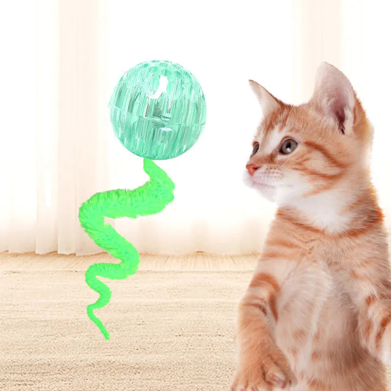 Interactive cat ball toy with TPR bouncy ball and plush tail in green colour