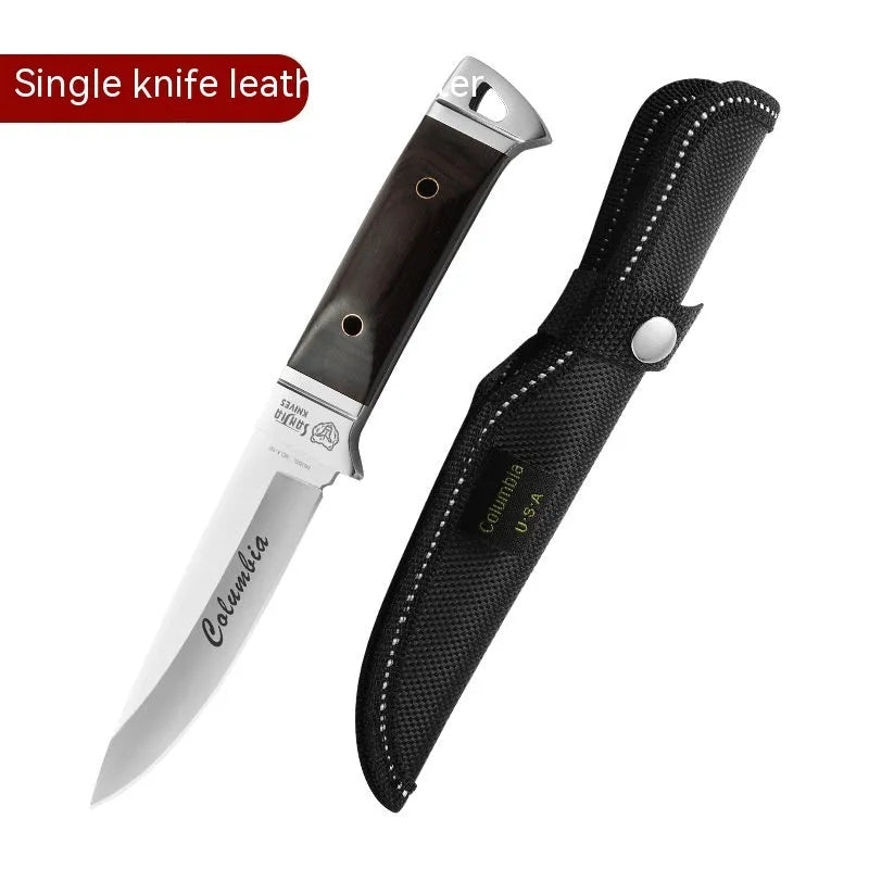 Camping multifunctional portable fruit knife with stainless steel blade and leather case