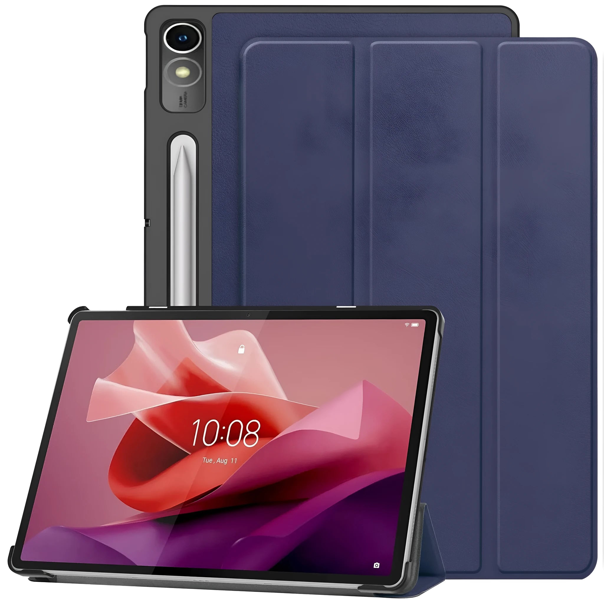 LenovoTab P12 12.7-inch protective case in a three-fold stand position, showing a magnetic closure and a printed design.