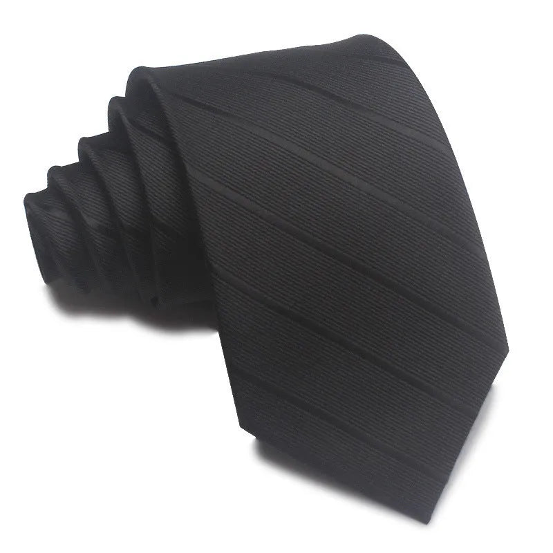 Men's red and black striped polyester jacquard tie with an arrow shape laid flat