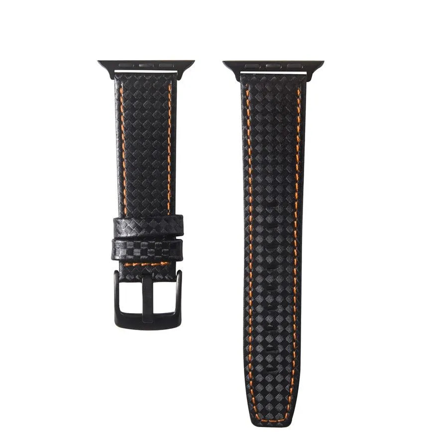 Carbon fibre and leather Apple Watch strap with patterned PC case in red, black, blue, and orange.
