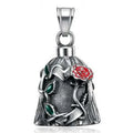 Titanium steel motorcycle riding lucky bell with vintage polished finish and double-sided epoxy rose design