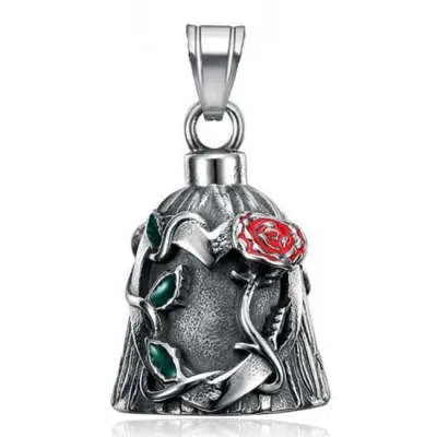 Titanium steel motorcycle riding lucky bell with vintage polished finish and double-sided epoxy rose design