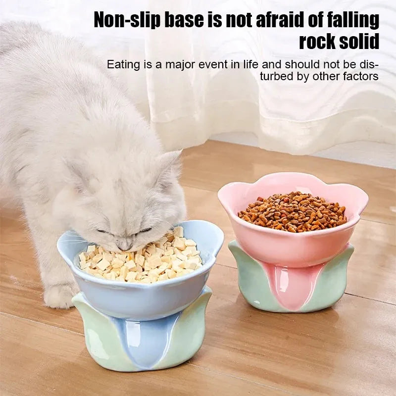 Blue floral patterned ceramic elevated pet bowl with non-slip base for cats and small dogs