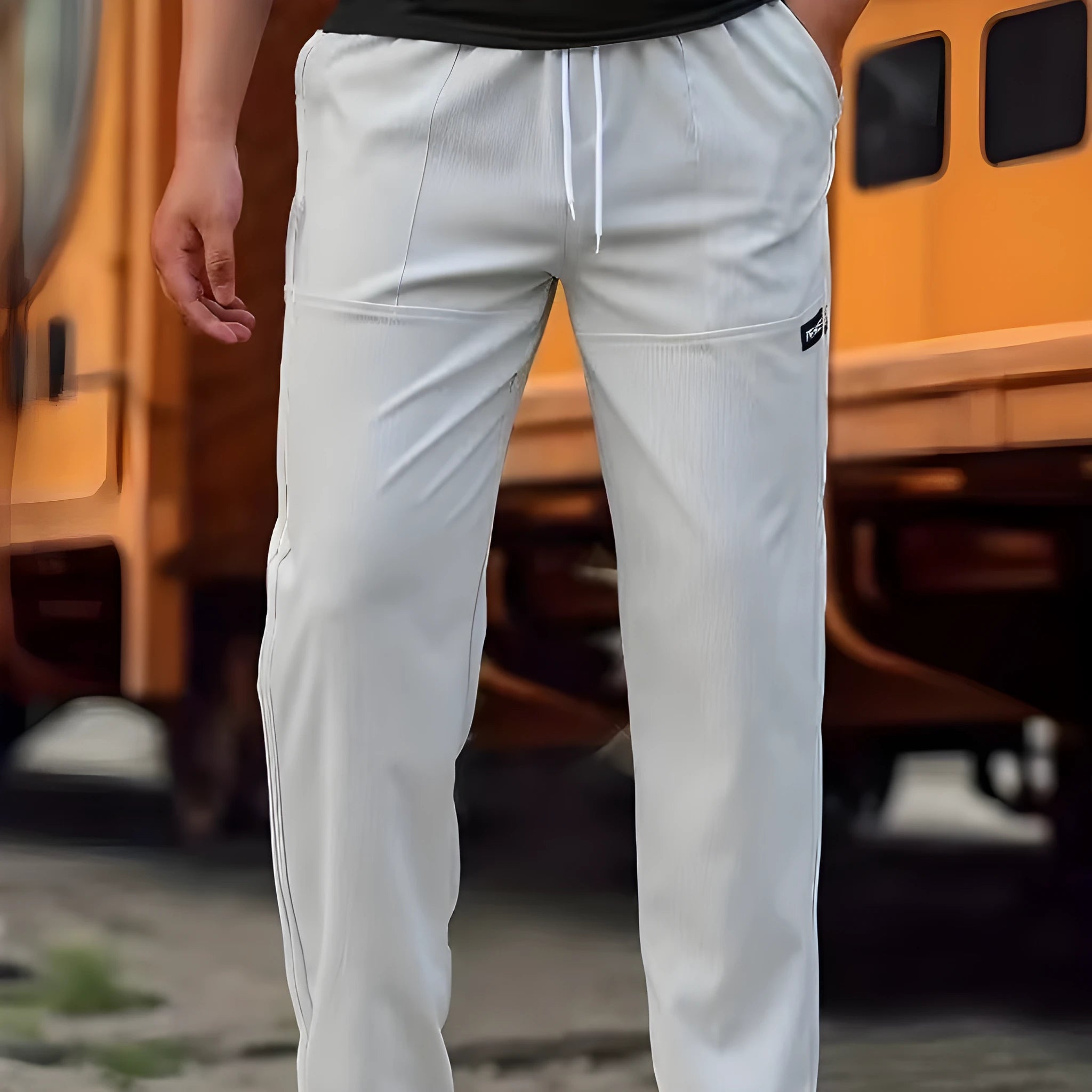 Men's polyester trousers in light grey, shown laid flat, suitable for spring and autumn wear.