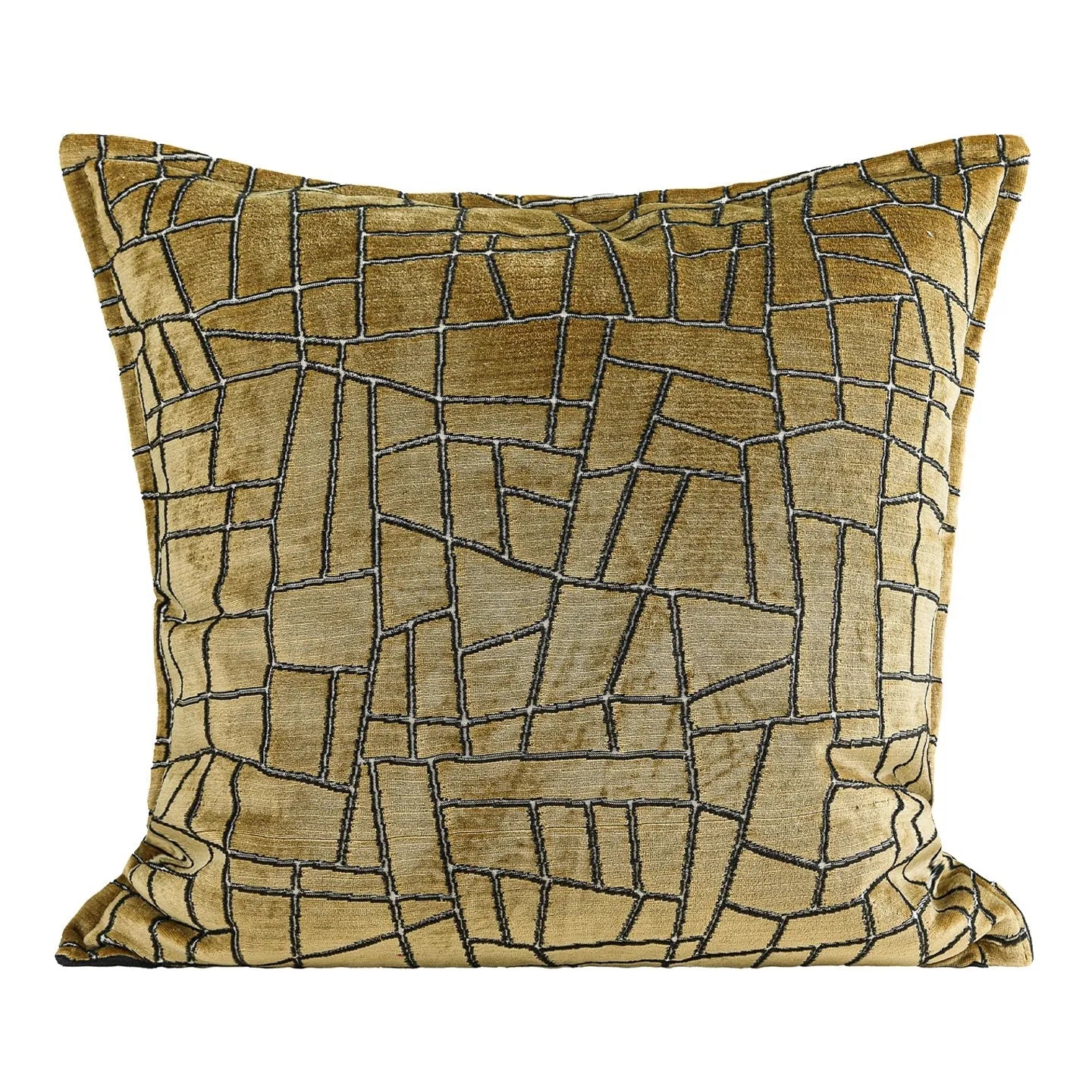 Gold geometric pattern decorative cushion cover shown in square and waist pillow sizes on a grey sofa.