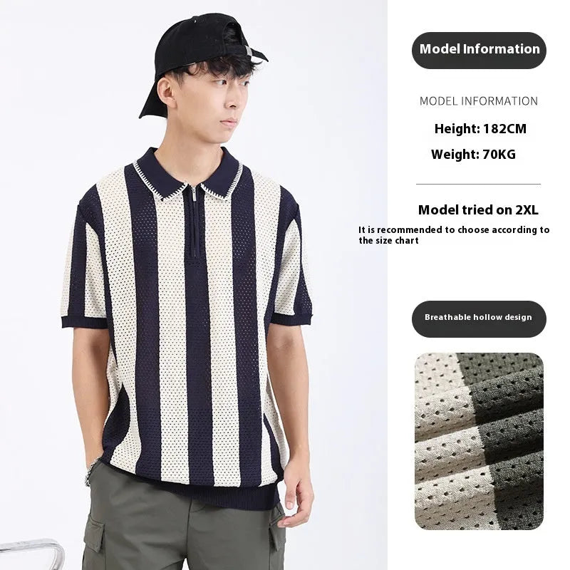 Man wearing a striped ice silk short sleeve sweater with a zipper decoration detail on the front.