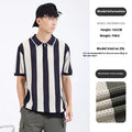 Man wearing a striped ice silk short sleeve sweater with a zipper decoration detail on the front.