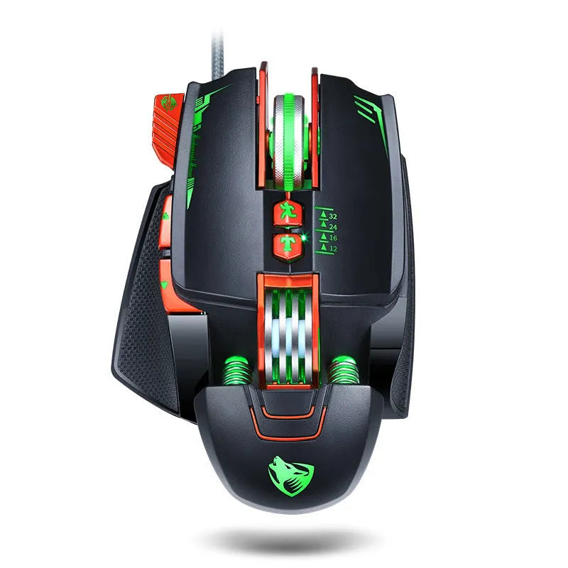 Thunder Wolf V9 black wired gaming mouse with six buttons and USB cable on a mouse mat