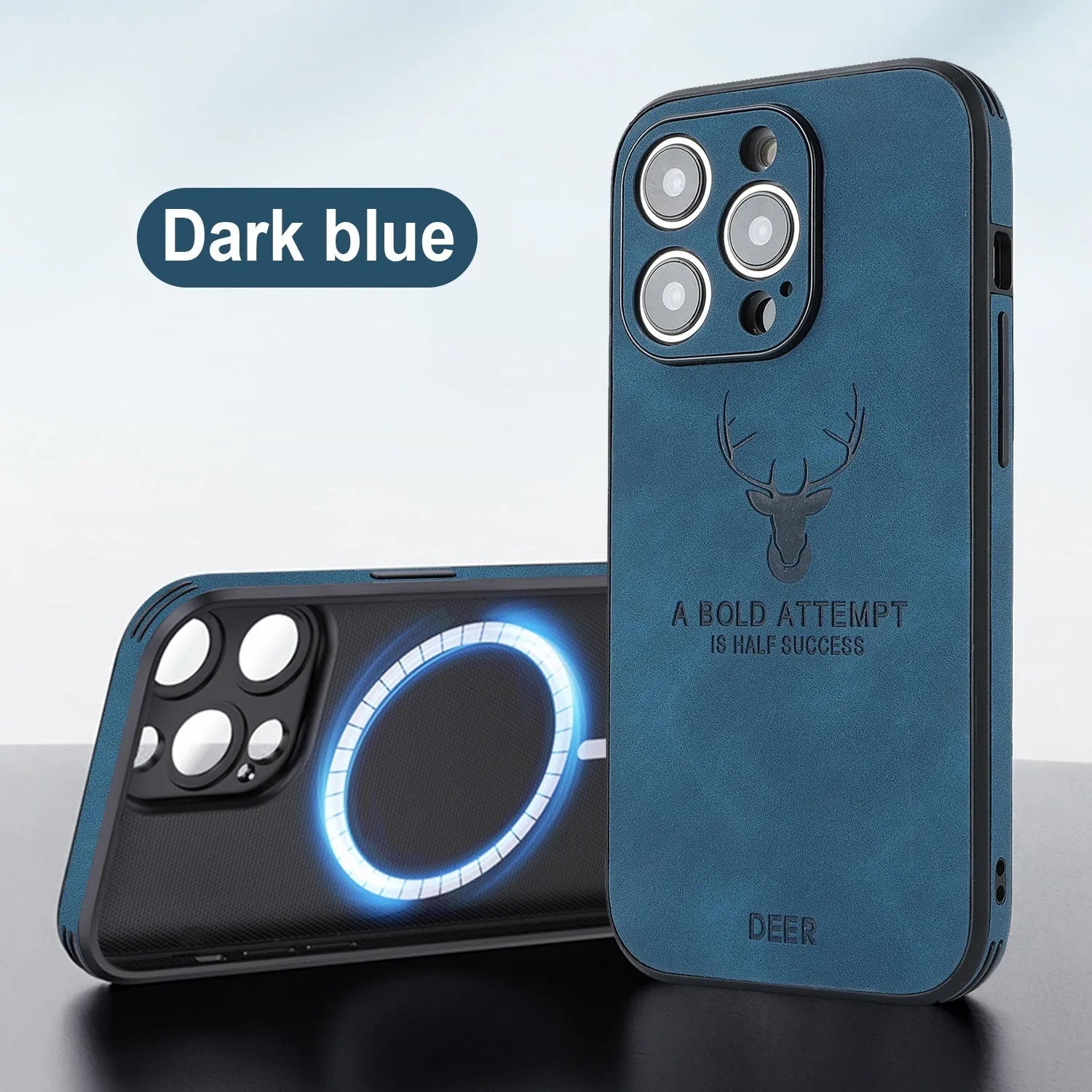 iPhone 16 magnetic charging case with 3D embossed moose head design in imitation leather