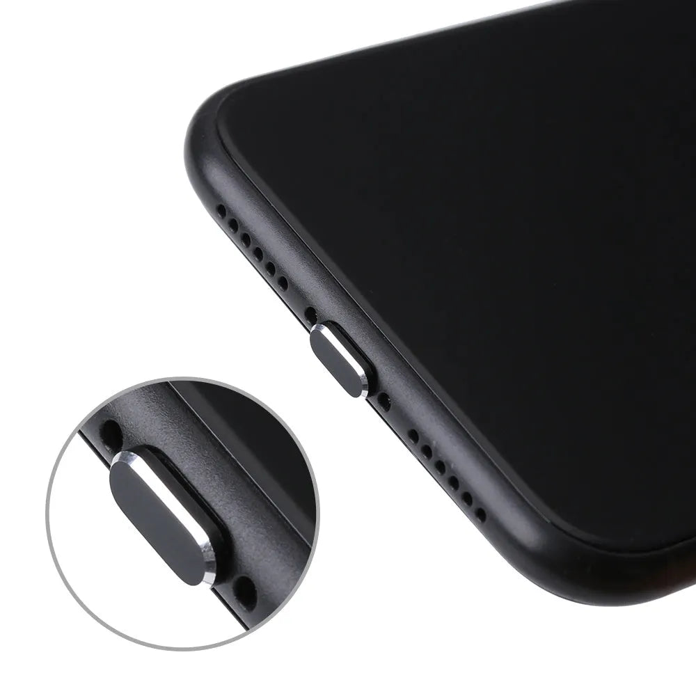 Aluminium alloy mobile phone charging port dust plug for iPhones, shown in rose gold colour.