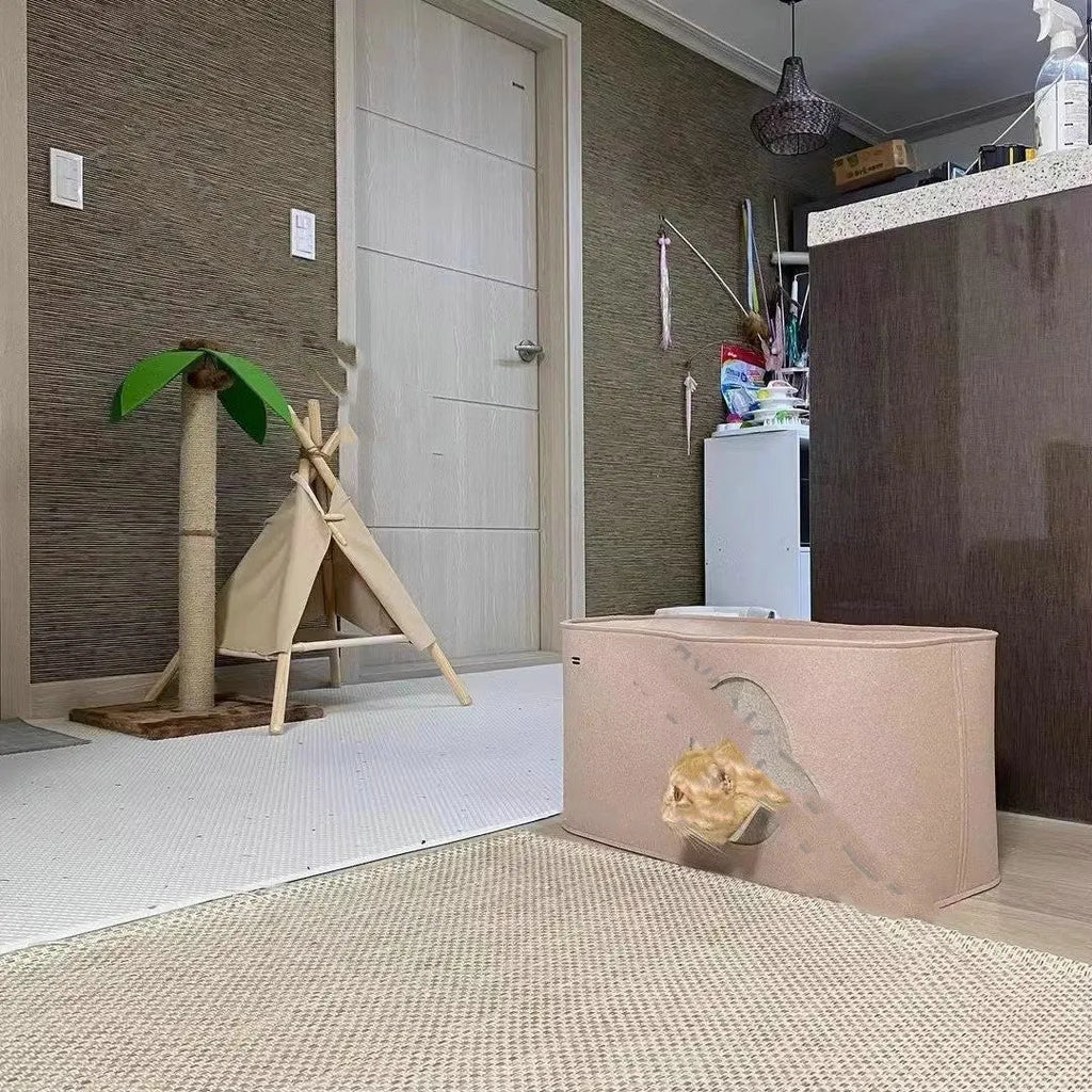 Khaki foldable felt cat bed showing its size next to a cat, with a second image showing it folded flat.