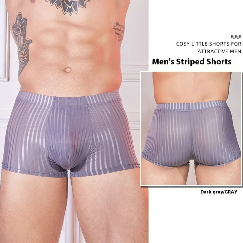 Men's striped underwear set in black, white, and dark grey colours showing thin transparent nylon fabric