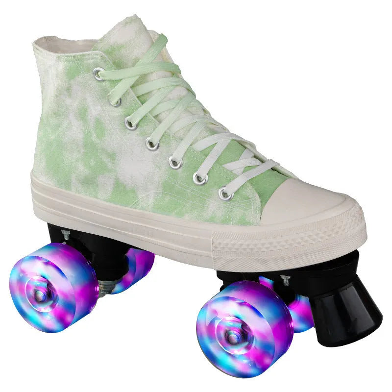 Camouflage canvas double-row roller skates with PU wheels and rubber sole on outdoor surface
