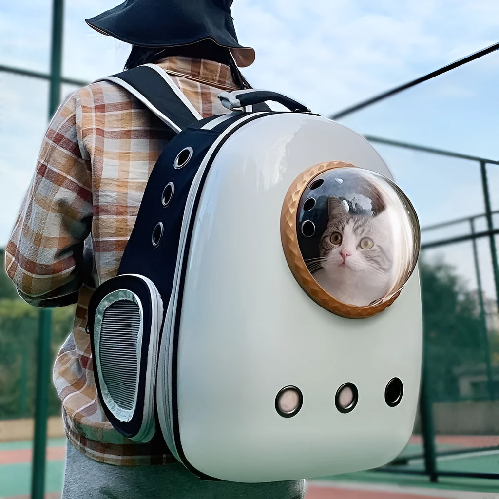 White strengthening style plus sized space capsule pet backpack for cats and small dogs, Oxford material, side view