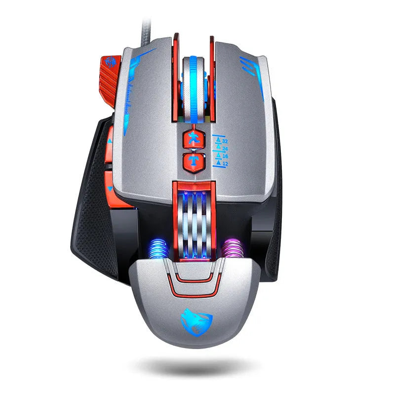 Thunder Wolf V9 black wired gaming mouse with six buttons and USB cable on a mouse mat