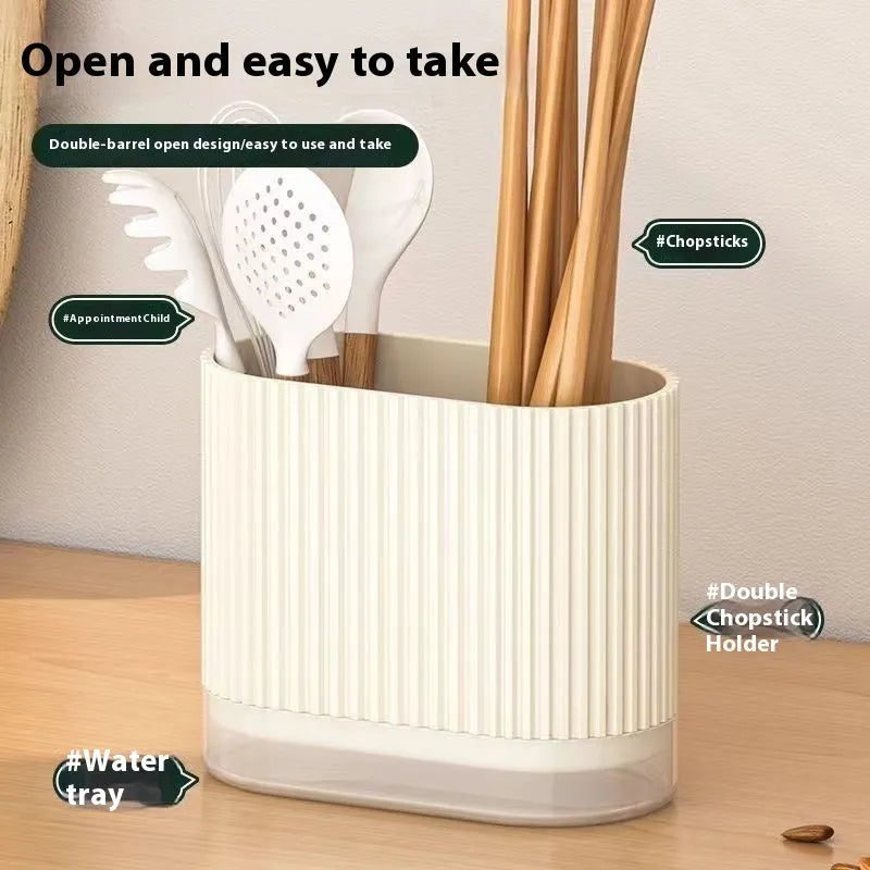 Plastic wall-mounted chopsticks tube and spoon basket organiser in beige, dark green, or orange.