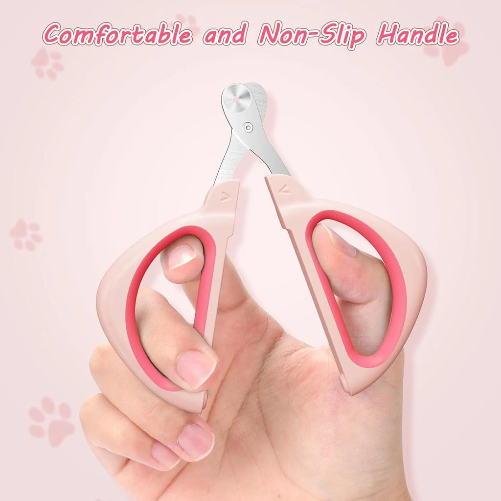 Blue pet nail clipper with a round positioning hole and textured handle on a white background.