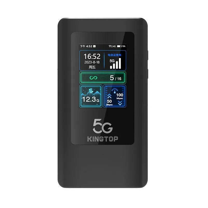 Black portable 5G Wi-Fi router with LCD display screen showing signal status.