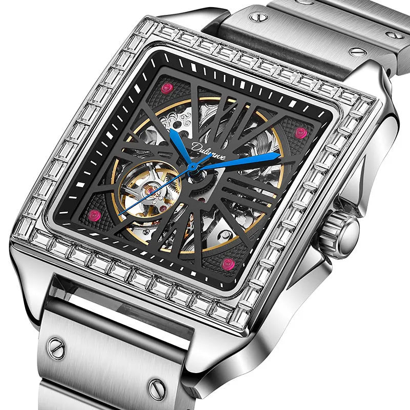 Men's square automatic watch with diamond accents and steel belt in black and white colour options