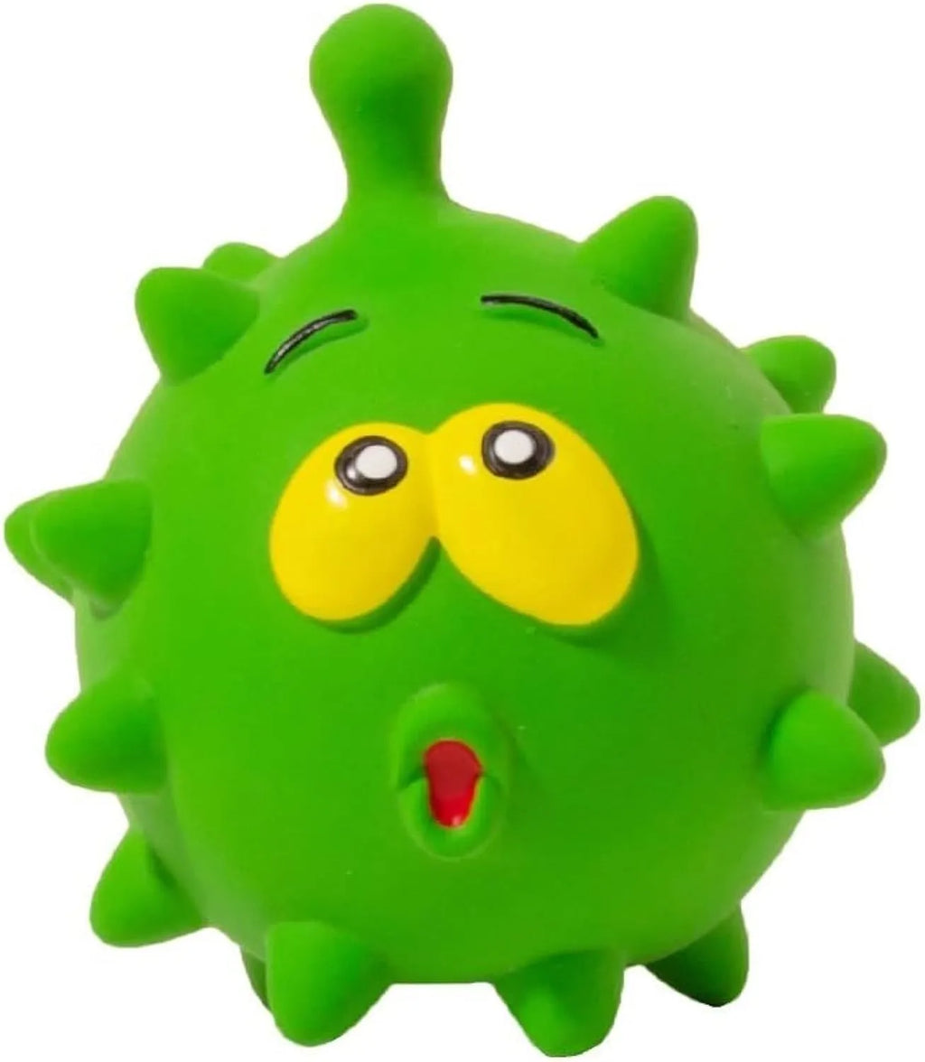 Four coloured natural latex squeaky dog balls with cute faces, each measuring 7.5cm