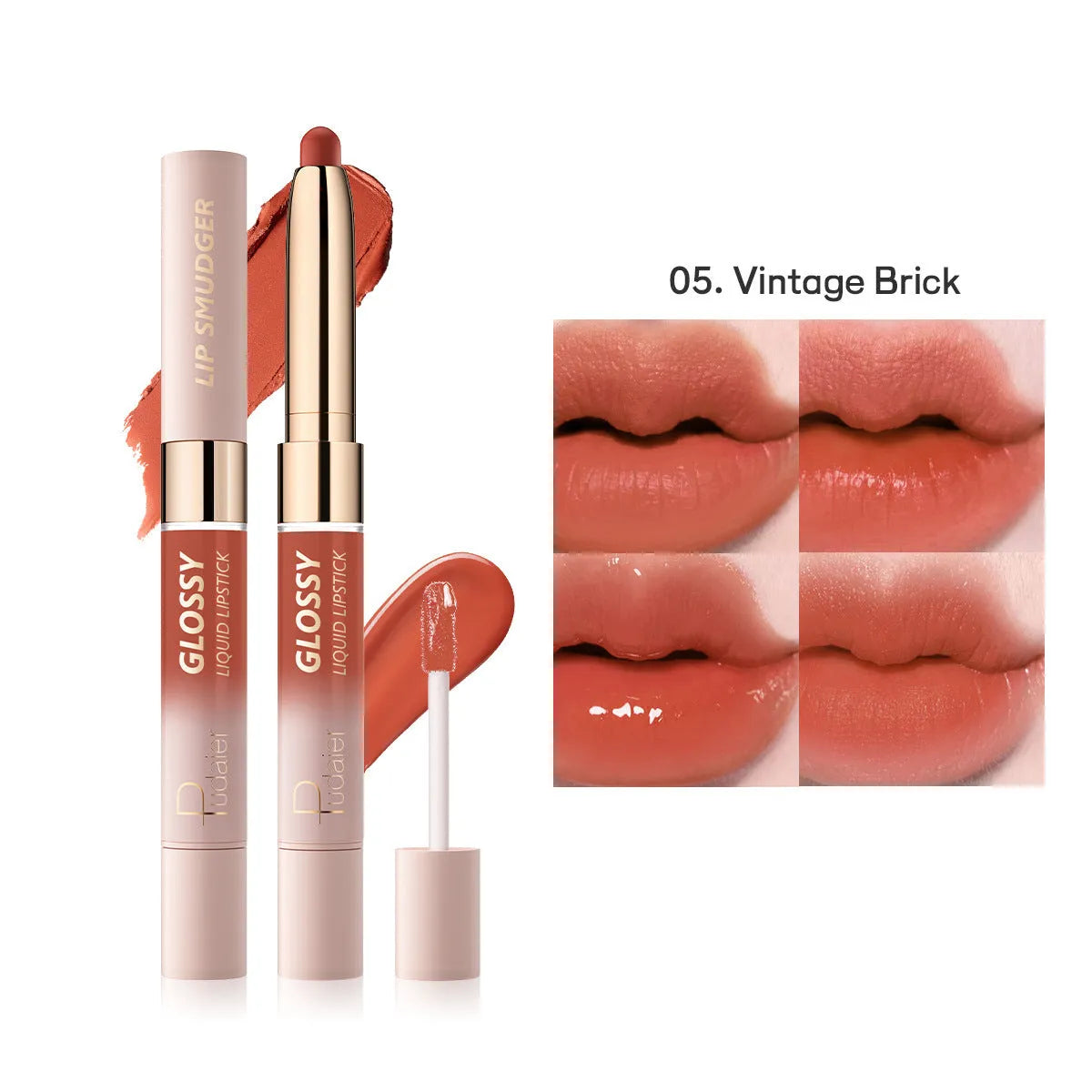 Double-headed lipstick and lip gloss cosmetic product showing matte finish with ten colour options