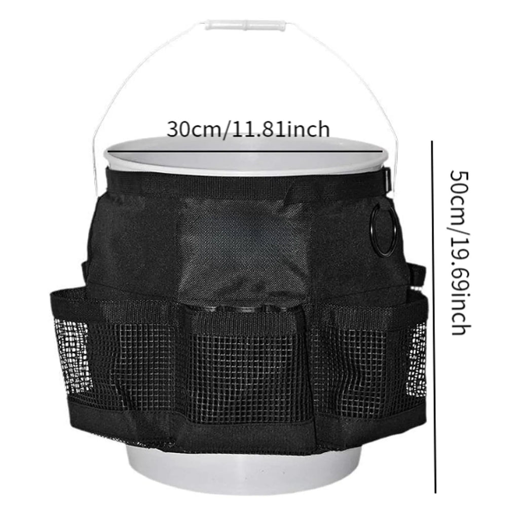 Black cylindrical polyester hanging storage bag fitted on a 5 gallon drum, holding car washing tools.