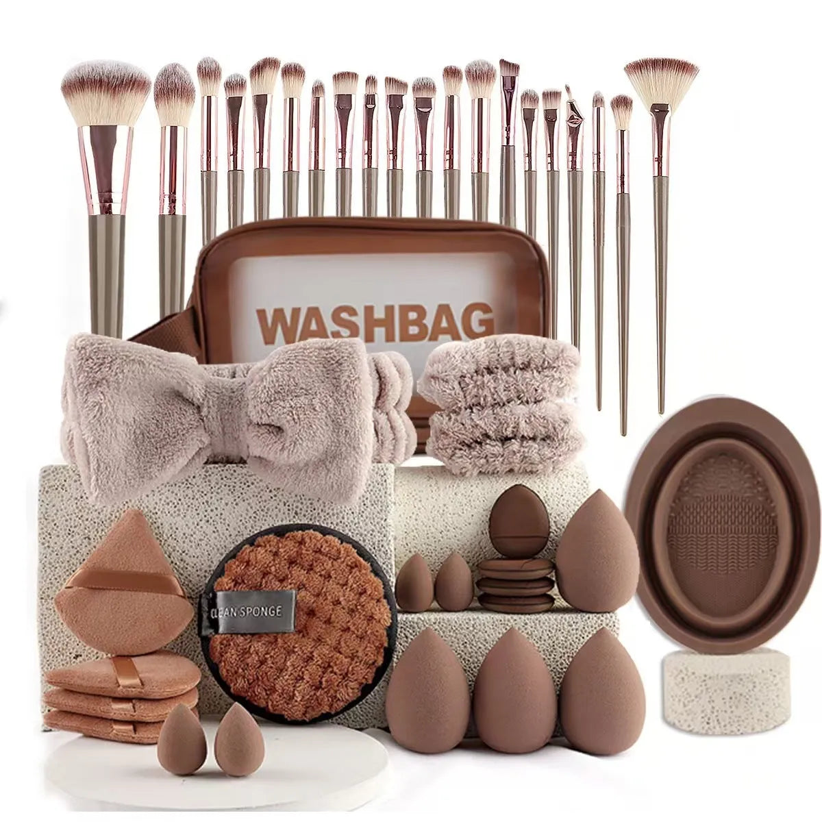 Beauty tool combination set with multiple pieces in pink, brown and purple colours for face wash and makeup application