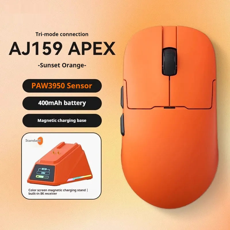 AJ159 gaming mouse in yunfeng white on a desk, showing compact size and Teflon foot pads