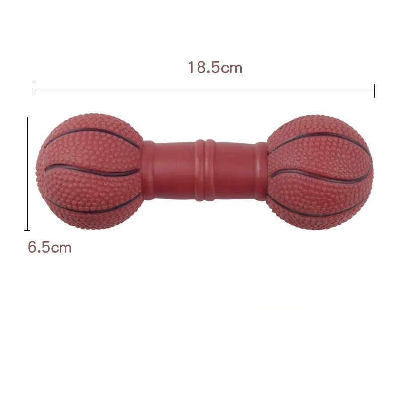 Football dumbbell shaped squeaky dog chew toy in orange colour